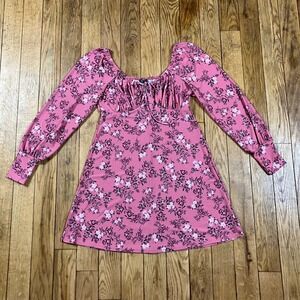 Lily Rose Pink‎ Floral Print Square Neck Tie Front Puff Sleeve Mini Dress Size S